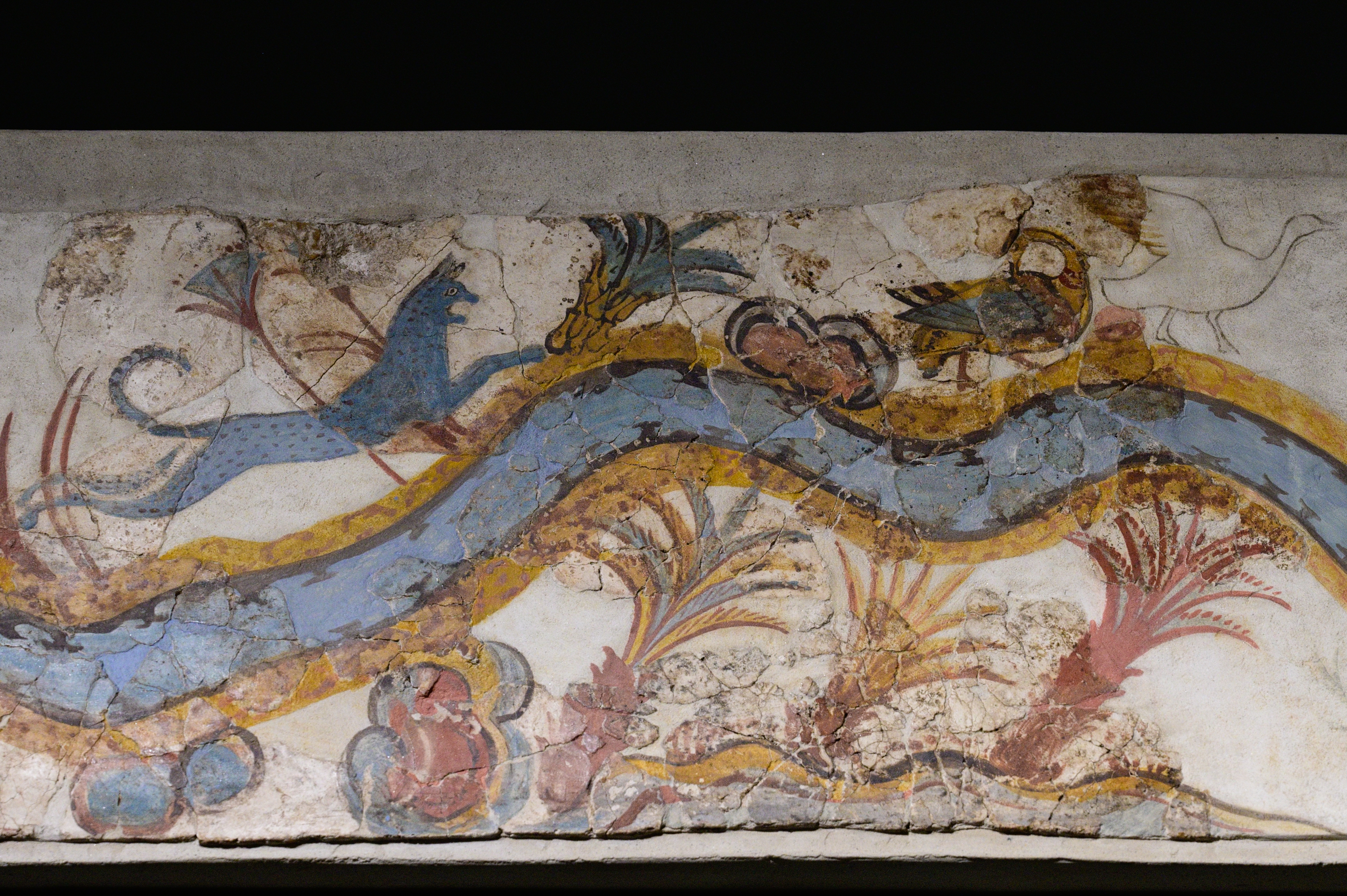 River fresco from Akrotiri on Santorini showing a cat and birds