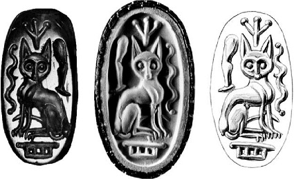 Carnelian seal with a Cretan hieroglyphic inscription and a sign resembling a cat