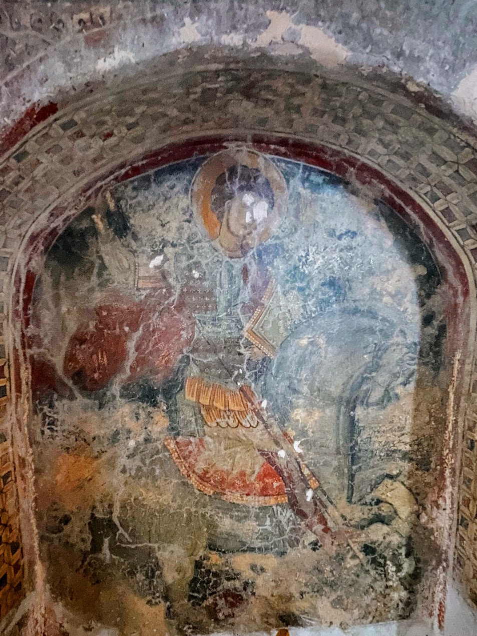 Saint George on horseback, fresco, church of the Archangel Michael, Kavallariana, Crete, 14th c. Saint George on horseback, fresco, church of the Archangel Michael, Kavallariana, Crete, 14th c.